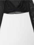 Yipinpay Spring 2024 Women Sexy Semi-sheer Patchwork Mesh T Shirt Long Sleeve O Neck Black Tee Summer Crop Top