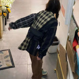 Yipinpay Vintage Patchwork Plaid Shirt Women Cardigan Top Grunge Korean Style Long Sleeve Loose Button Up Shirt Casual Streetwear