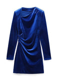 Yipinpay 2023 Autumn Ladies Velvet Mini Dresses Elegant Diagonal Collar Folds Dresses Vintage Simple Long Sleeve Vestidos