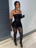 Yipinpay Simenual Trim Sheer Lace Women 3 Piece Sets Solid Strapless Tupe Top Hot Skinny Pantyhose Pants Baddie Club Outfit Lingerie Suit