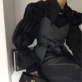 Yipinpay Autumn Turn Down Collar Shirt Lantern Sleeve Blouse Casual Top Bandage Grey Camisole Camisas De Mujer Blusas