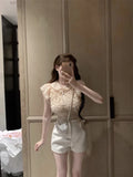 Yipinpay Sweet Shirts Women Bowknot Flying Sleeve Lace Ruffles Patchwork Turn Down Collar Elegant Blouse Vintage Female Tops