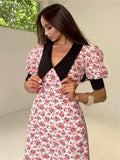 Yipinpay V-Neck Patchwork Printed Dress Summer For Women Short Sleeve Fashion High Waist Party Dress Contrast Ladies Maxi Dress