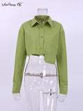 Yipinpay Streetwear Sexy Crop Top Women Autumn 2023 Irregular Pockets Lapel Cropped Shirts Long Sleeve All-Match Casual Tops