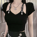 Yipinpay Women Goth Crop Tops T-shirts Summer Slim-fit Gothic Solid Color Short Sleeve V-neck T-shirt Women y2k Clothes