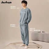 Yipinpay Men's Winter Warm Plush Thickened Sleepwear Set French Loose Flannel Pijama Trousers Two Pieces Suit Male Cute Nightwear