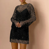 Yipinpay See Though Sequin Mesh Sling Dress For Women 2024 Spring Two-in-one Gauze Mini Dress Female Vacation Party Short Dresses