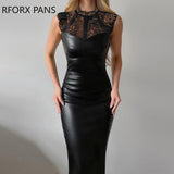 Yipinpay Women Pu Leather Lace Patchwork Sleeveless Bodycon Dress Zipper Party Sexy Black Dress
