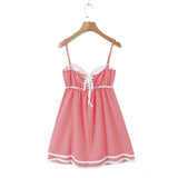 Yipinpay 2024 Women Lace Spliced Plaid Sling Mini Dress Sexy Sleeveless Back Lacing Up Ladies Party Skater Robe Summer Dresses