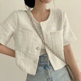Yipinpay Button O Neck Tweed Short Sleeve Cardigan White Coat Summer Plaid Shirt Women Korean Style Cropped Jacket Tops Slim