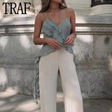 Yipinpay Ruffle Crop Top Women Asymmetric See Through Tops For Women 2023 Sleeveless Backless Top Female Summer Sexy Tops Woman