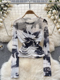 Yipinpay Europe Long sleeved Mesh Sheer T-shirt Fashion Skinny Temperament Office Lady Blouse O Neck Pleated Tie Dye Print Top