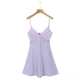 Yipinpay 2024 Women Floral Embroidery Purple Sling Mini Dress Sexy Backless V Neck Female Summer Dress Holiday Robe LDZZ7038