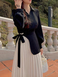 yipinpay Temperament V-neck Elegant Long Midi Dress Women Sashes Patchwork Full Sleeve Office Ladies A-line Dresses Vintage OL