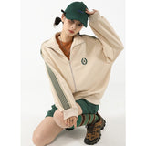 yipinpay Women Apricot Stripe Outwear Sweatshirt Embroidery Fashion Hip Hop Leisure Loose Winter New Cardigan Long Sleeves Coat Tops