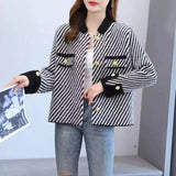 Yipinpay Mink Fleece Small Fragrant Cardigan Women Autumn/Winter Stripe Top Loose and Versatile Foreign Short Coat Female