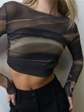 Yipinpay MO Women Summer O Neck Skinny Print Long Sleeve Mesh Backless Cropped Tops Casual Slim Fit Tee Women Clothes
