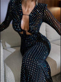 Yipinpay Glitter Hollow Out See-Through Maxi Dress Female Sexy Lace-Up Club High Waist Patchwork Sparkle Bandage Women Long Dress