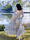 Yipinpay Style Elegant Floral Midi Dress Vintage Short Sleeve Evening Party Dress Casual Korean Fashion Sundress Woman 2023 Summer
