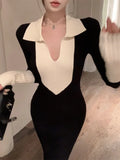 Yipinpay Knitted Dresses Women French Style V Neck Autumn Winter Basic Contrast Slim Stretch Elegant Dress Ladies Fashion