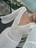 Yipinpay White Knit Fashion Cover up Maxi Dress Female See-Through V-Neck Hollow Out Beach Holiday Dress Knitwear Backless Dress