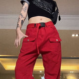 yipinpay Vintage Red Cargo Pants Fashion Many Pocket Straight Mopping Pants High Street Y2K Baggy Wide Leg Trouser Ladies Spring