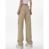 yipinpay Women Bottoms Khaki Vintage Cargo Jeans Fashion Pocket High Waist Wide Leg Pants Casual Street Baggy Denim Trouser Ladies Summer