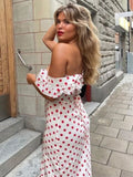 Yipinpay MO 2023 Polka Dot Ruffles Bandage Maxi Dress Women Off Shoulder Slim Elegant Party Dress Summer Beach Holiday Sundresses