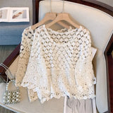 Yipinpay crochet hollow lace western-style half sleeved top, women's loose versatile cover up, sun protection , beach shirt