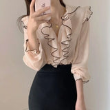 Yipinpay Mujer 2023 Ruffle V Neck Flare Sleeve Shirts Korean Sweet Clothes Chic Top Slim Chiffon Shirts Camisa Women Blouse