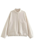 Yipinpay New 2024 Women Fashion Oversized Bomber Jacket Coat Vintage Solid Long Sleeve Female Pockets Chic Loose Outerwear