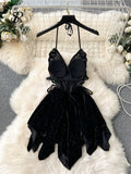 Yipinpay Female Backless Sexy Dress Fashion Halter Lace up Design Women Embroidery Butterfly Slim Short Irregular Velvt Dress
