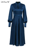 Yipinpay Elegant Evening Dresses Navy Hollow Out Woman Satin Midi Party Dress Spring Lantern Sleeves Sliky Keyhole Dress 2023