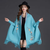 Yipinpay Winter Can Wear Shawl Scarf Dual-use Embroidery With Sleeves Wool Cashmere Thick Tassel Cloak Female