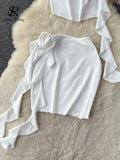 Yipinpay Women Sexy Two Pieces Suits Sleeveless Ruffles Short Blouse+Bodycon Flower Mini Skirt Fashion Streetwear Beach Sets