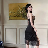 Yipinpay Sexy Dresses Women Lace Patchwork Floral Vintage Elegant Split Sleeveless Slim Black Party Dress Ladies Temperament