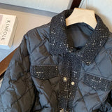 Yipinpay Style Parkas Women Simple Elegant Winter Patchwork Female Casual Hot Pockets Streetwear Chic Students Tweed Black Jacket