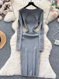 Yipinpay 2024 Autumn Knitted Chic Dress O Neck Hollow Out Long Sleeves Bows Decoration Solid Women Slim Fit Bodycon Party Dress