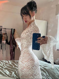 Yipinpay MO 2023 Elegant Lace See Through V-neck Maxi Sexy Dress For Women Summer Chic Longsleeves Hollow Out Slim Floor Dress