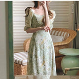 Yipinpay Chic Temperament Slim High Waist Square Collar Floral Chiffon Dress Women Short Sleeve Fashion Vestido De Mujer Sexy