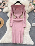 Yipinpay 2024 Autumn Knitted Chic Dress O Neck Hollow Out Long Sleeves Bows Decoration Solid Women Slim Fit Bodycon Party Dress