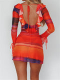 Yipinpay See-Through Ruffles Tie-Up Beach Mini Dress 2023 Summer Sexy Print Long Sleeve Backless Bandage Bodycon Short Dresses