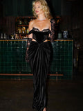 Yipinpay Sexy Off Shoulder Velvet Maxi Corset Dress Lace Black Evening Party Dresses with Gloves Runway Outfits 2023 Women