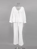Yipinpay Cotton Home Suits Women 2 Piece Sleep Sets Casual Lace Up Nightwear V Neck Top And Pants Suit Solid White Sleepwear