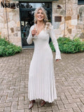 yipinpay Knitted Dresses For Women 2023 Autumn Winter Elegant Pleated Long Dresses Long Sleeve V Neck Casual Slim White Maxi Dress