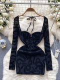 Yipinpay Sexy Mesh Backless Dress Square Collar Lace Up Long Sleeves Print Hollow Out Women Fashion Slim Fit Club Bodycon Dress