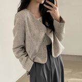 Yipinpay Temperament Slim Retro Simple V Neck Single Breasted Plaid Jacket Short Fashion Long Sleeve Tweed Cardigan Thin Autumn Top