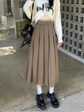 Yipinpay Long Pleated Skirt Women Vintage Korean Fashion Solid High Waist A-line Midi Skirt School Girl Elegant Casual Autumn
