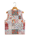 Yipinpay 2024 Ethnic Women Patchwork Floral Print Quilted Vest Sleeveless Coat V Neck Pockets Lady Vintage Waistcoat
