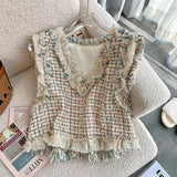 Yipinpay Tweed Vest Slim Crop Tops Autumn Colete Feminino V Neck Knitted Plaid Vest Sweater French Waistcoat Ruffled Blouse
